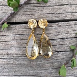14k Yellow Gold Sterling Silver Citrine Tear Drop Dangle Earrings